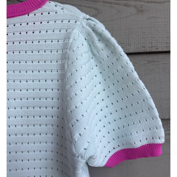 Fate Mint Green Pointelle Knit Short Sleeve Sweater Top with Pink Trim Large - Picture 5 of 10